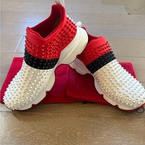 Christian Louboutin Red, Black, and White Spiked Sneakers